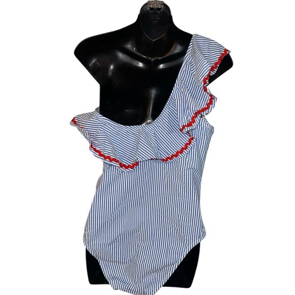 NEW WITH TAGS WOMEN *NEW* J.Crew Blue White Seersucker ONE- SHOULDER RUFFLE Stri - Picture 8 of 11